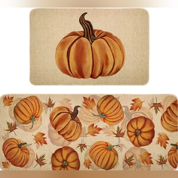 Fall Pumpkin Kitchen Mats Set of 2, Non-Slip Absorbent Rug and Door Mat - Picture 1 of 7